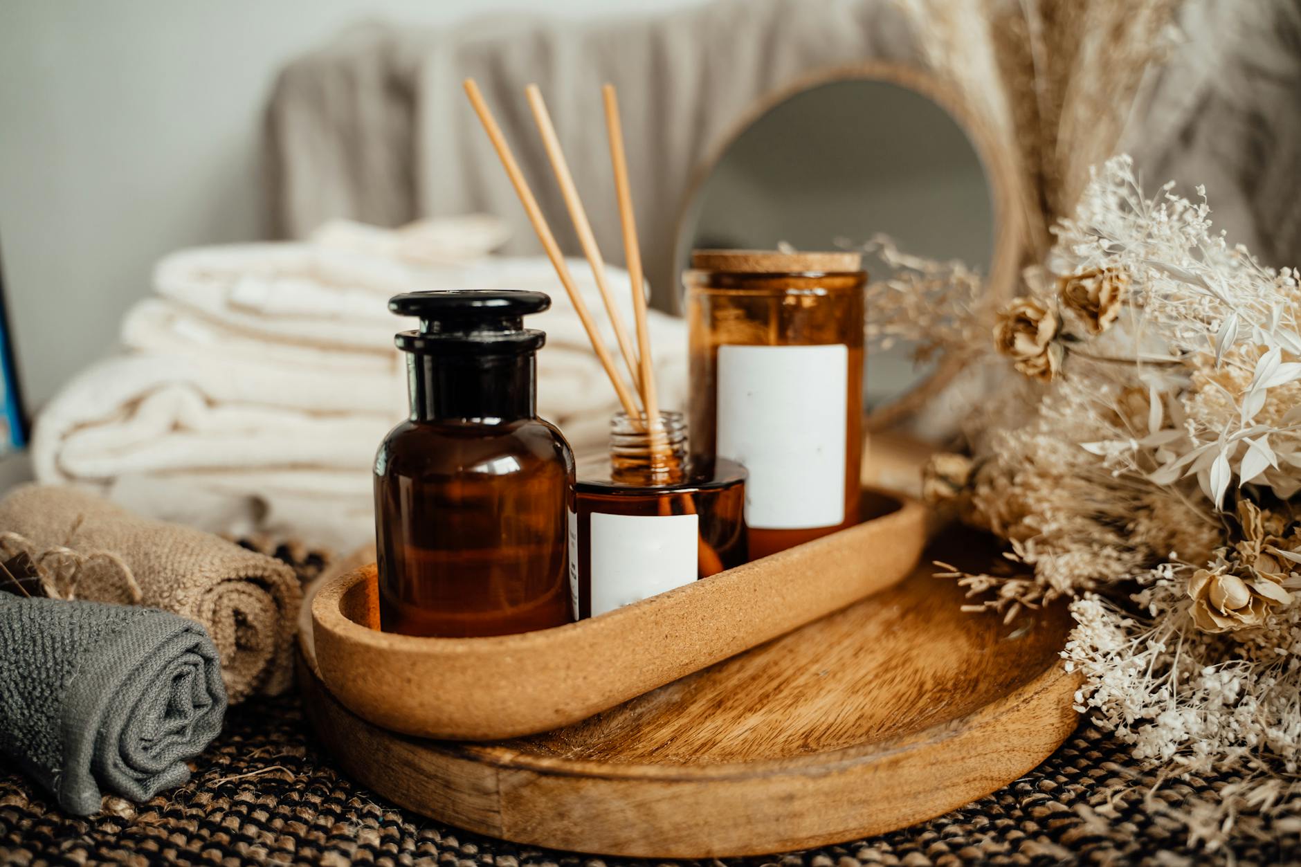 Traditional Indonesian spa setting with flowers and oils
