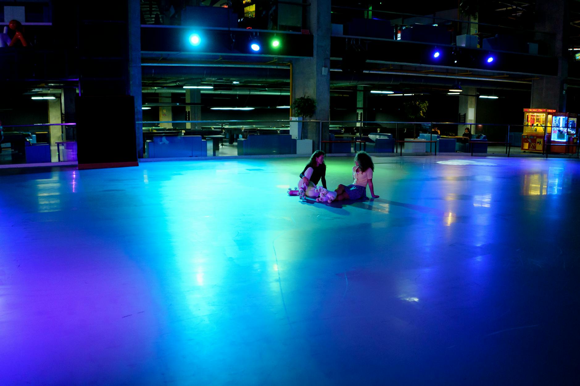Neon-lit interactive art space at night