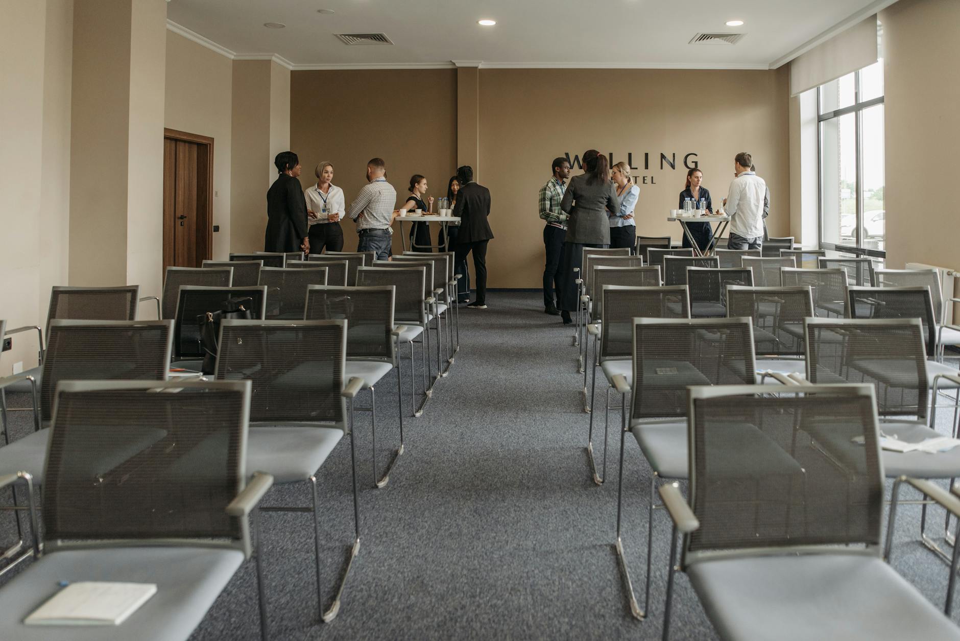Business hotel meeting room and lobby with city view
