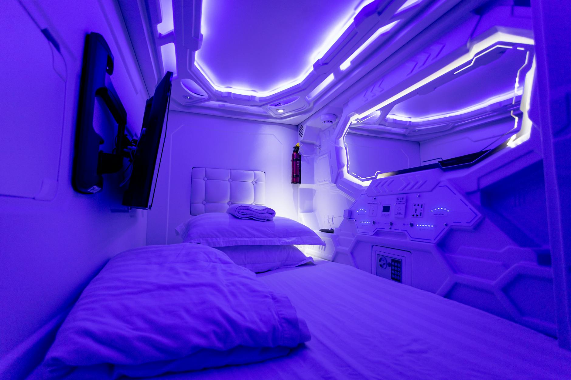 Modern Japanese-style capsule hotel pods