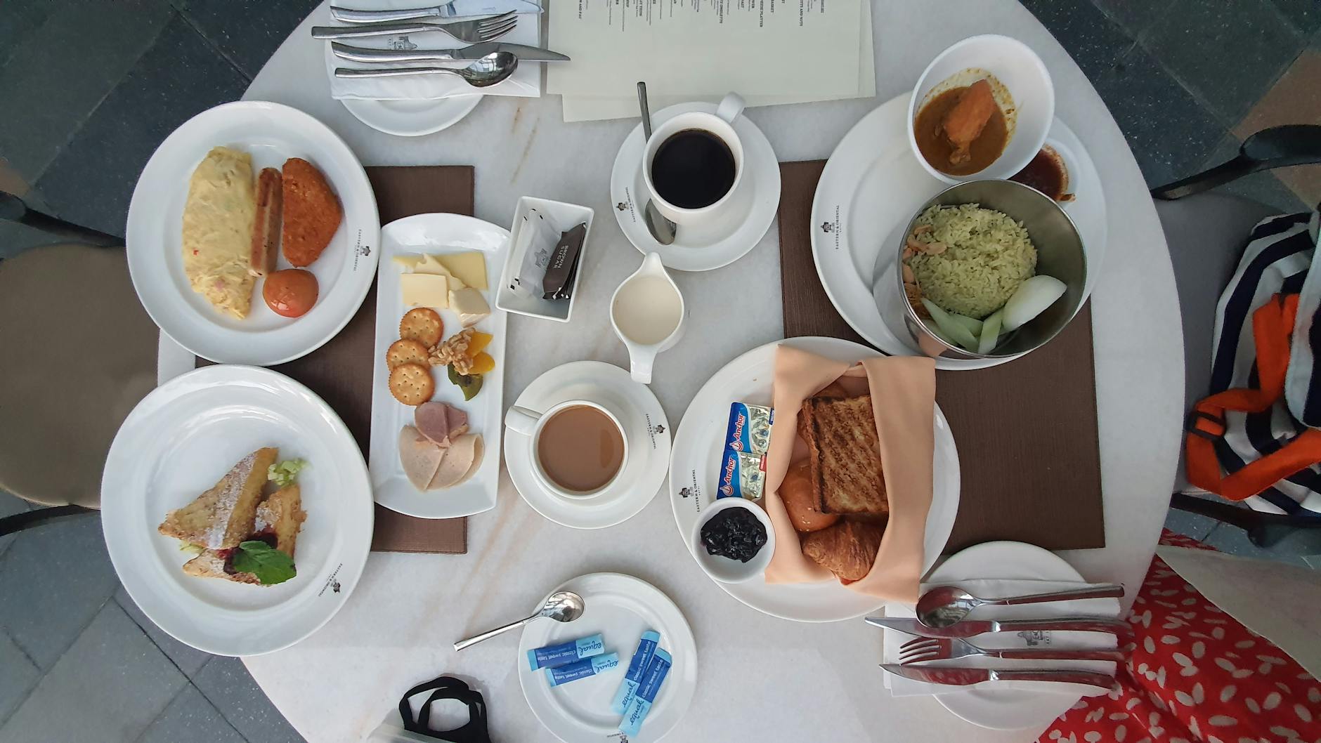 Hotel breakfast buffet with eggs and toast