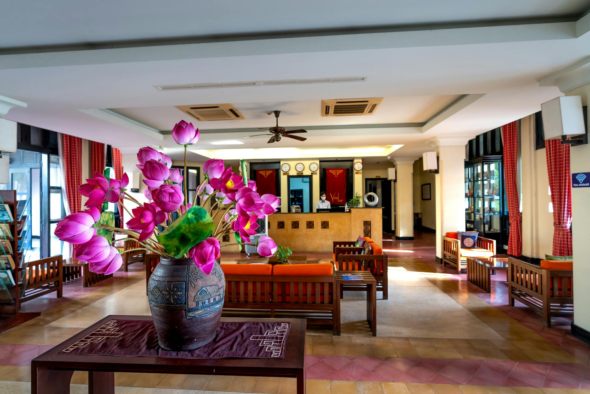 Hotel lobby with elegant interior and modern art