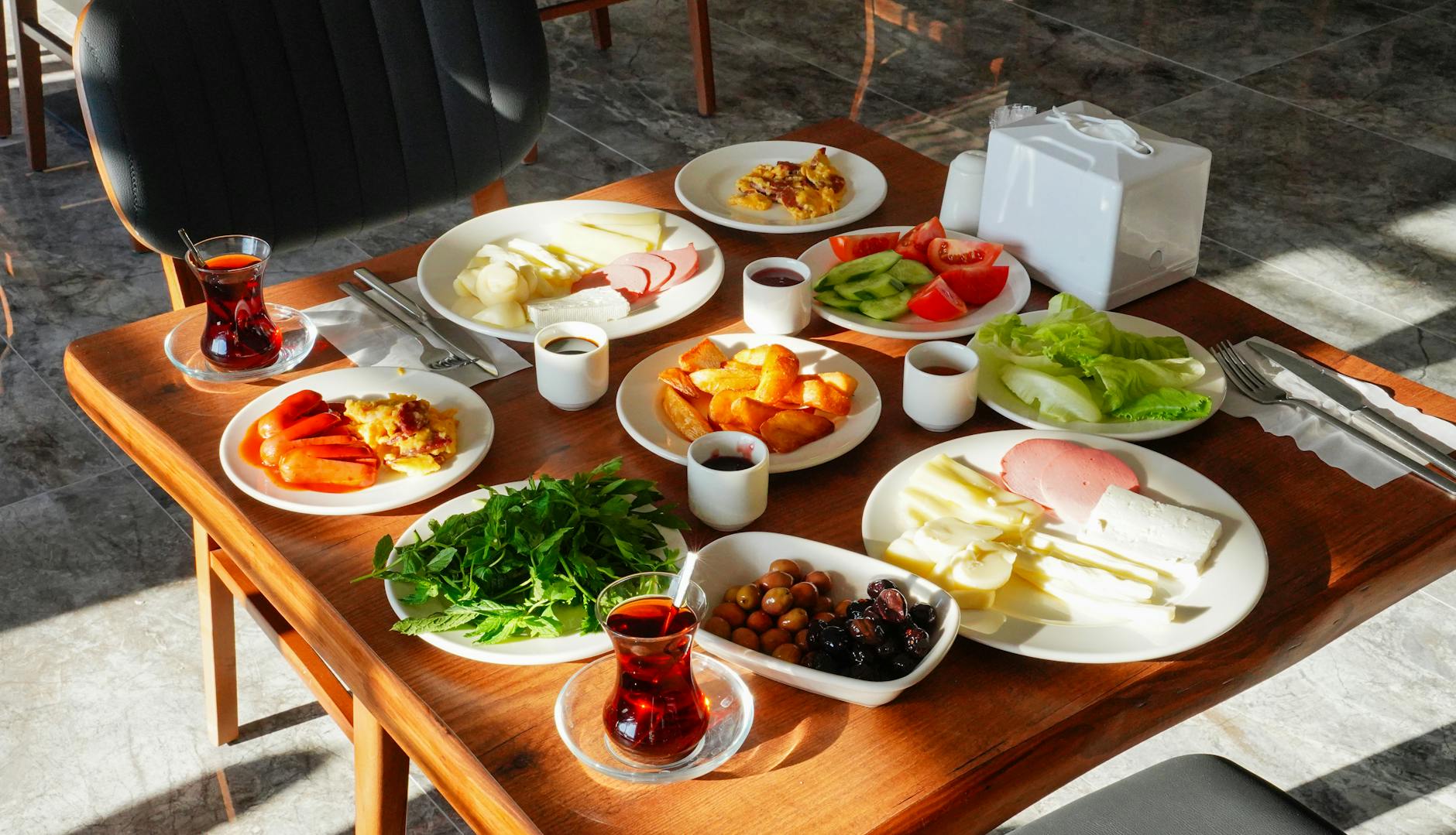 Hotel breakfast spread for early morning travelers
