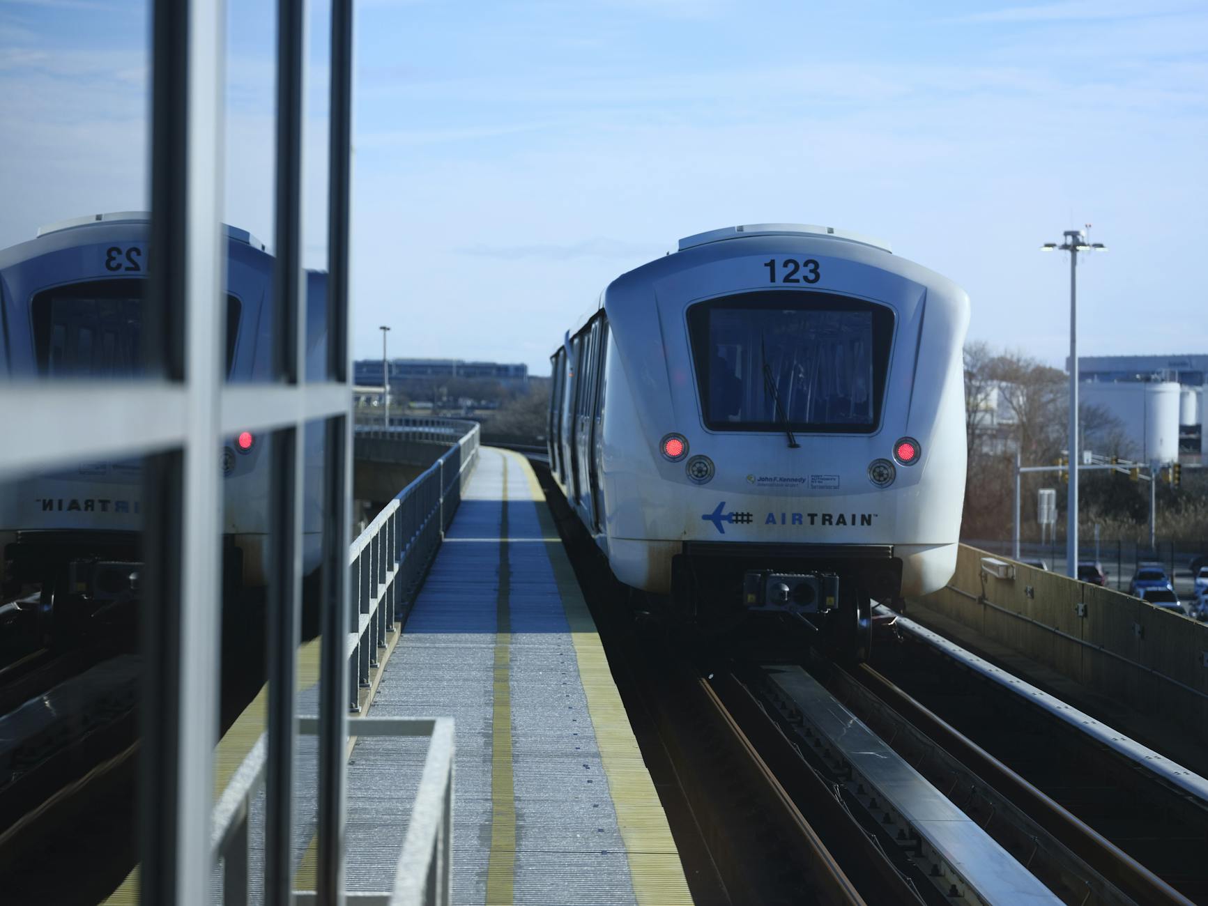 Modern airport train with passengers