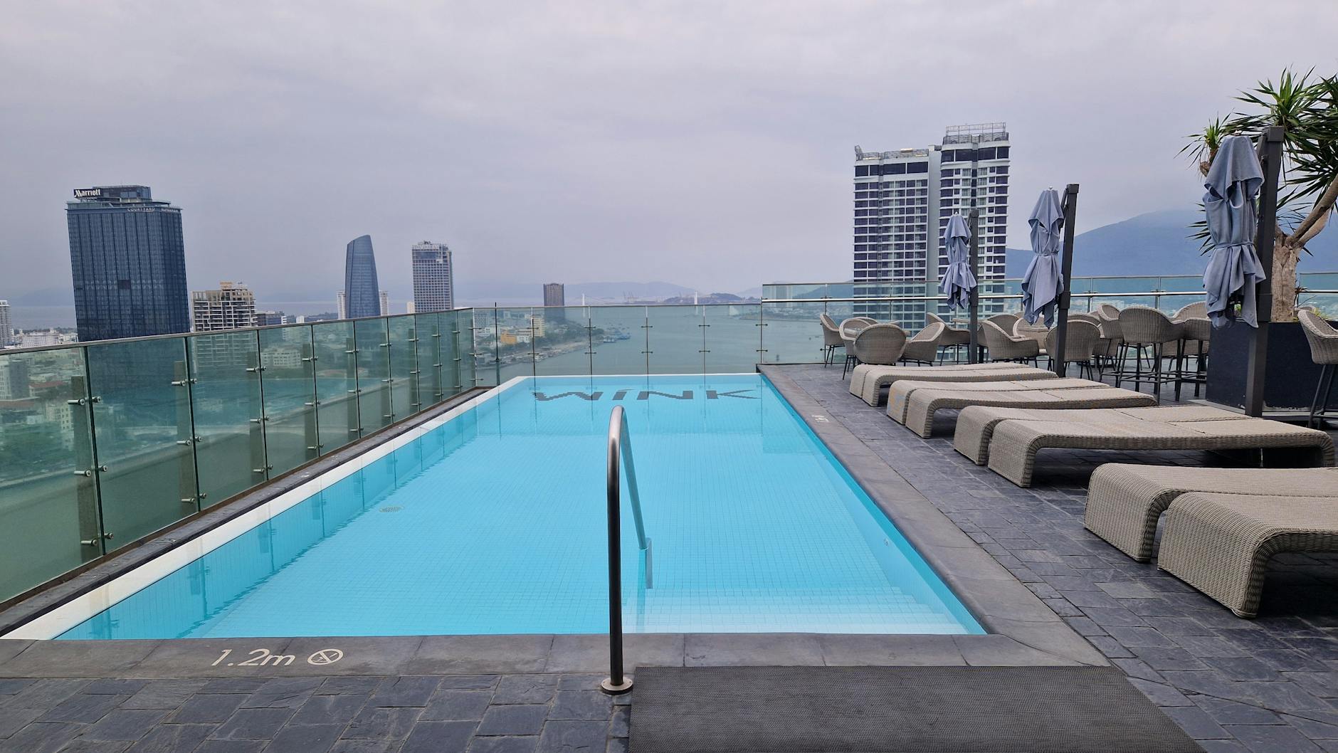 Business hotel pool with palm trees and skyline view