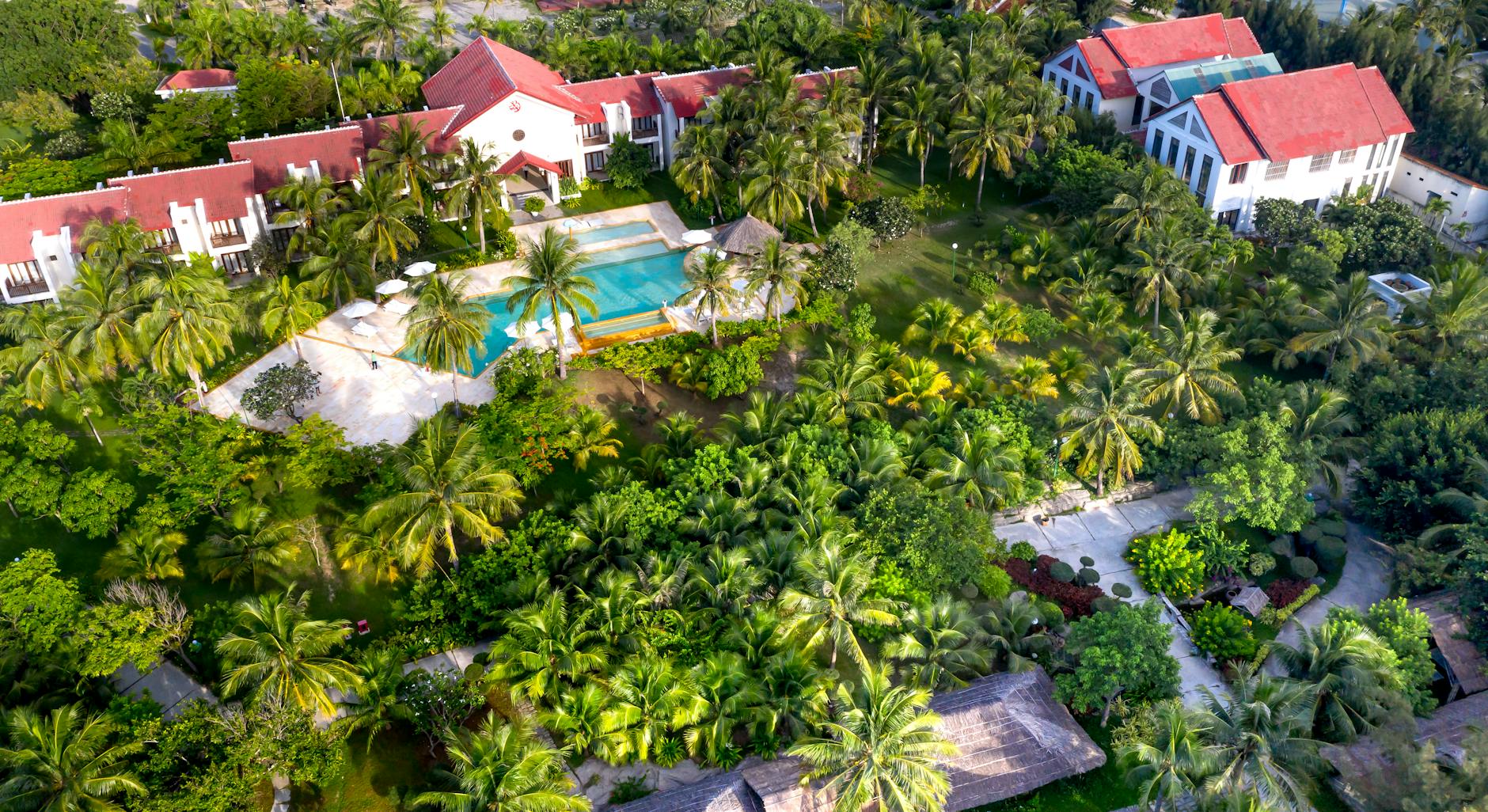 Tropical garden boutique hotel with palm trees and lush vegetation