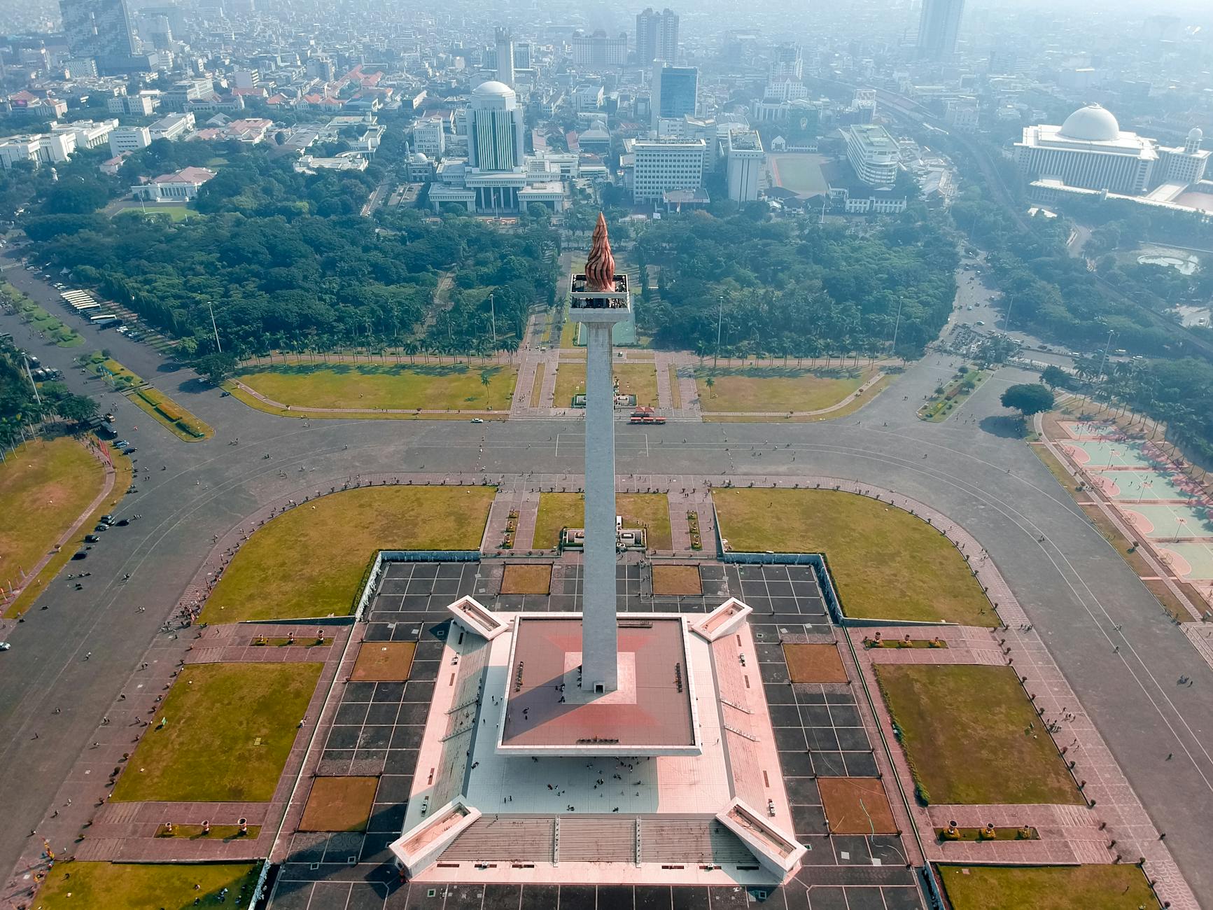Jakarta skyline with Monas in the foreground and skyscrapers behind