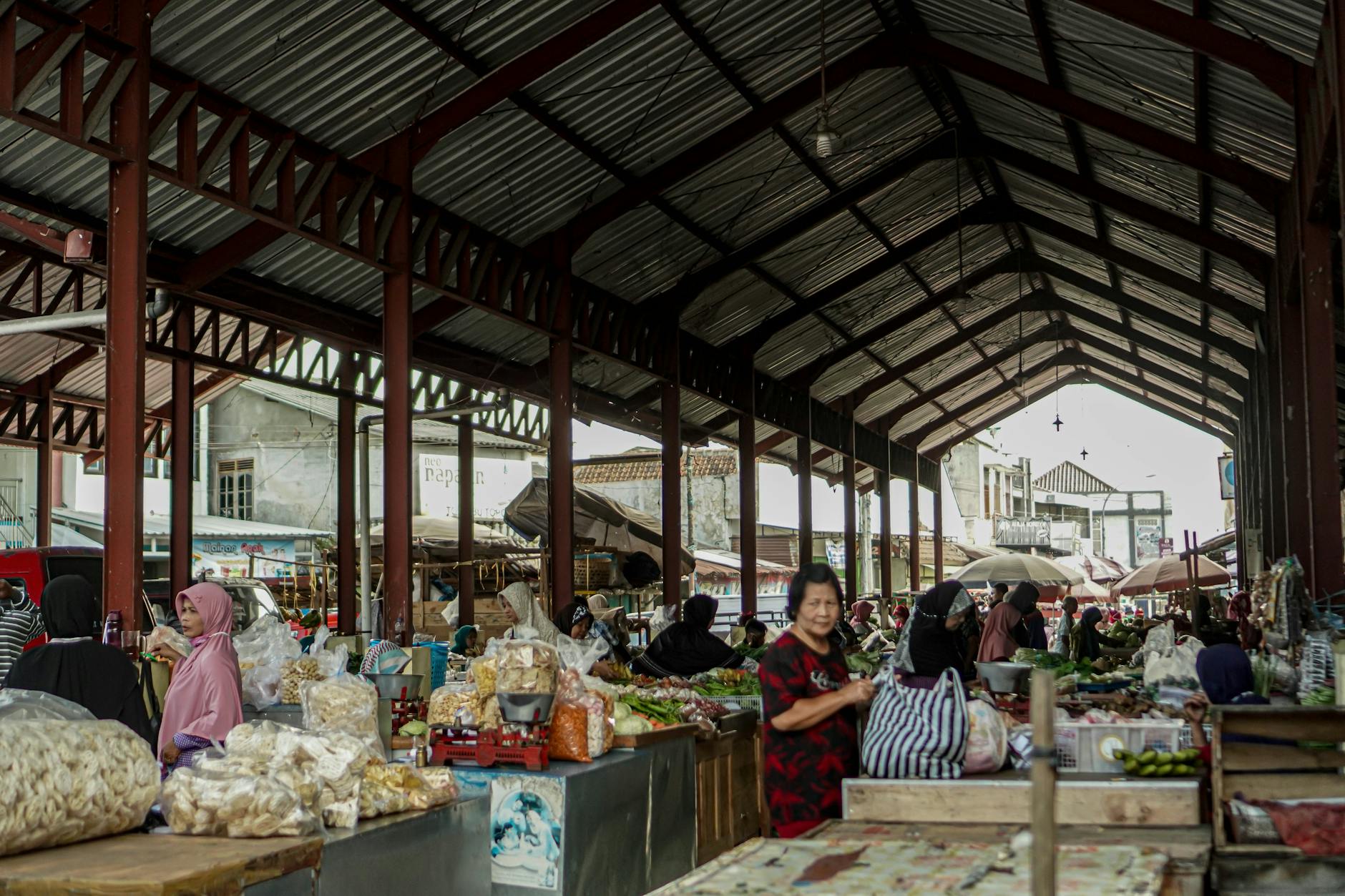 Colorful traditional Indonesian market with fresh produce and local goods