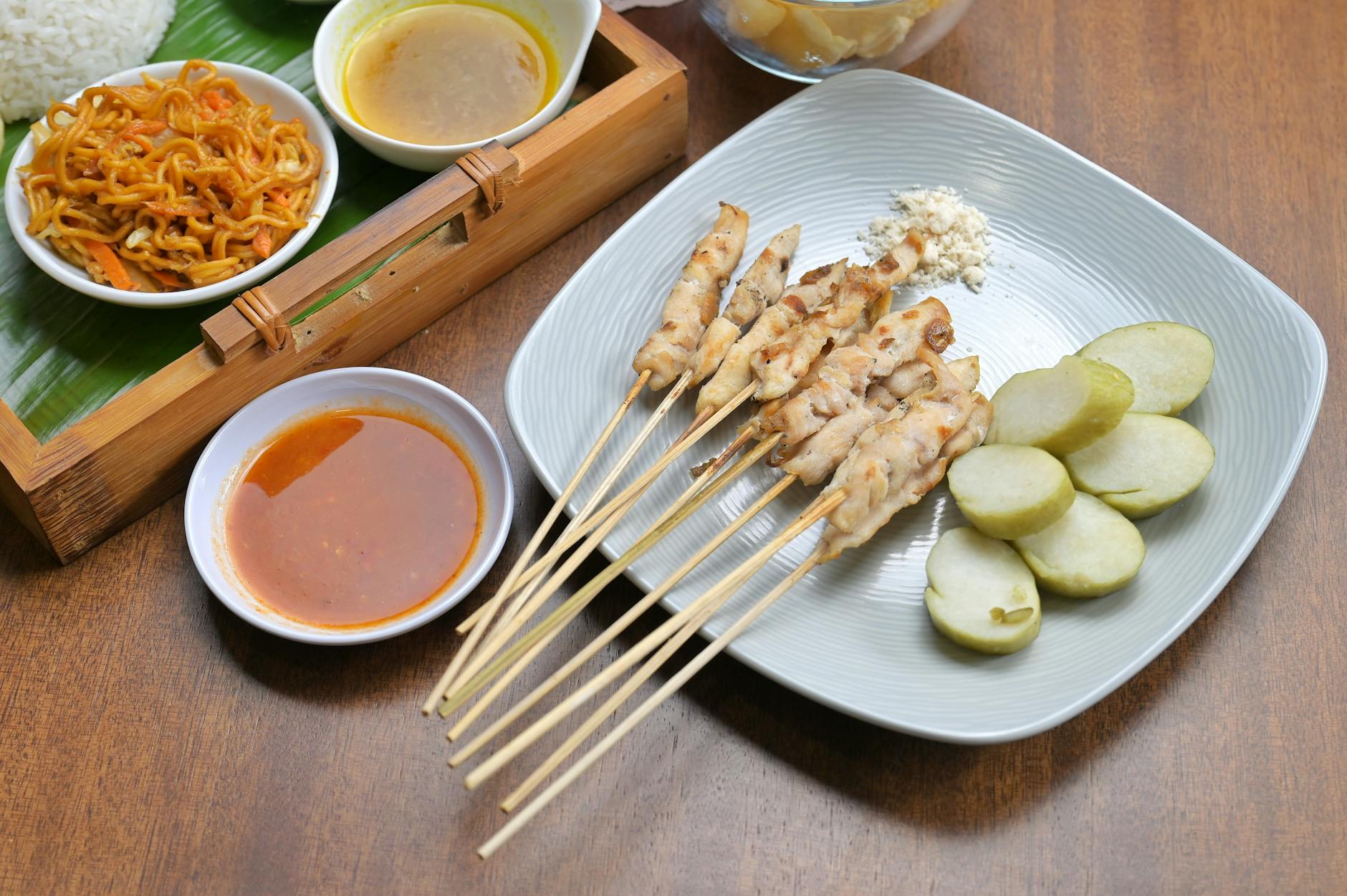 Indonesian sate satay chicken skewers peanut sauce