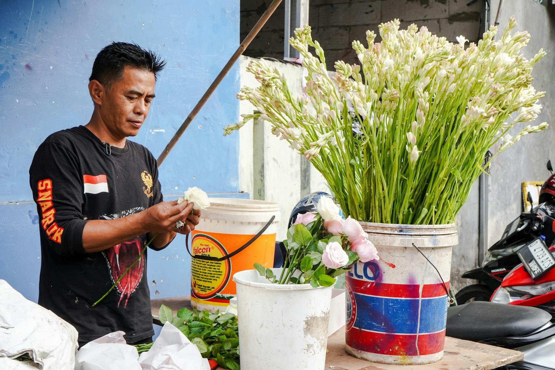 Indonesian flower market Jakarta wreath funeral wedding