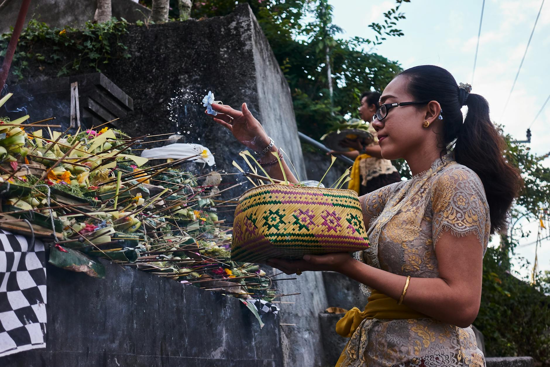 Hindu offering banten flowers fruit traditional Indonesian