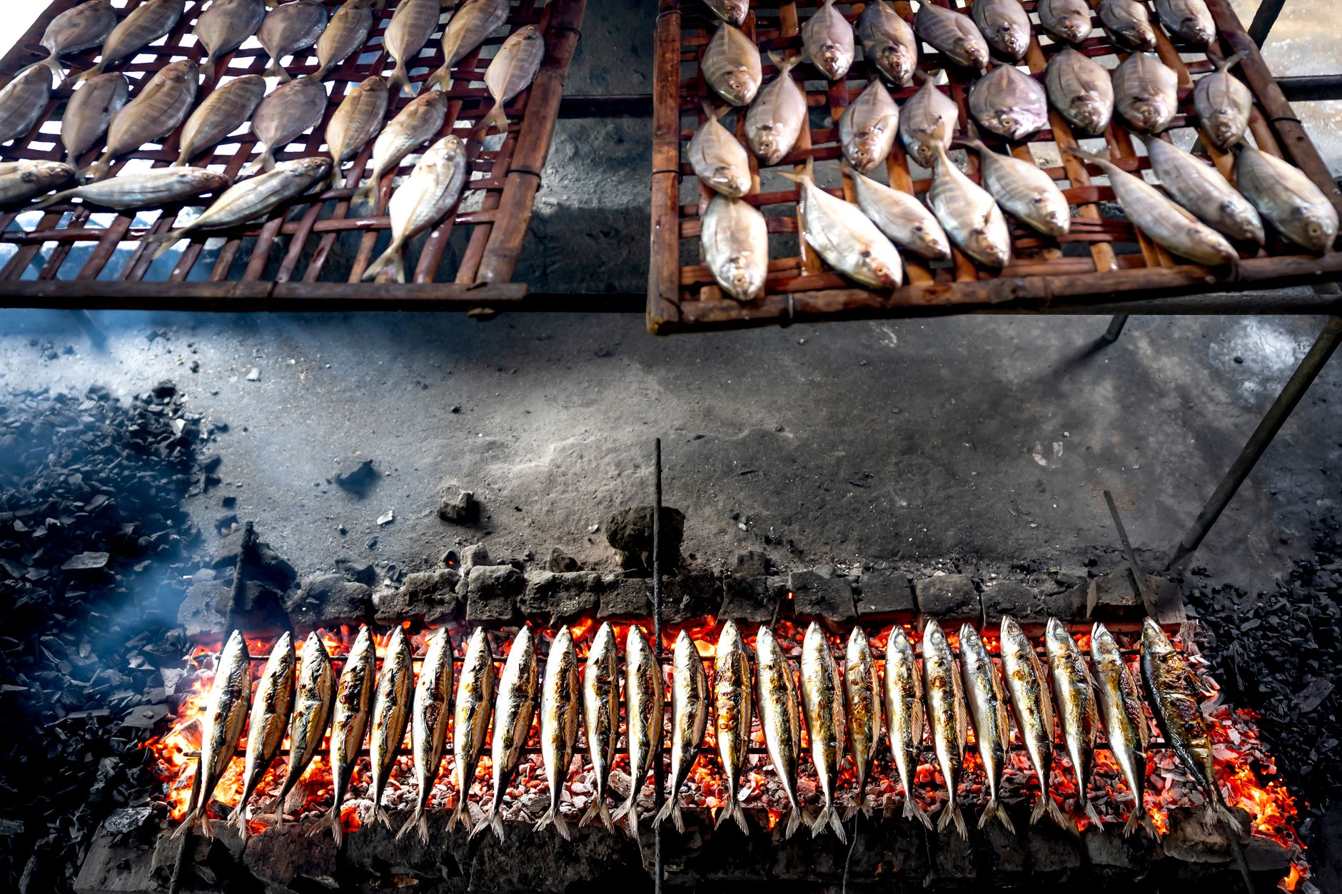Rows of whole fish grilling over glowing coals at a coastal Indonesian warung