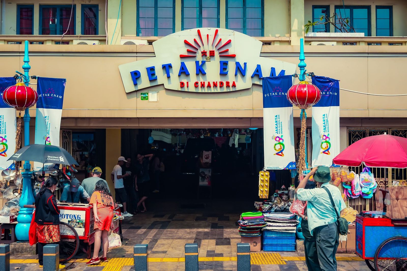 The colourful entrance to the Petak Enam food hall at Chandra, a modern anchor of Glodok Chinatown Jakarta